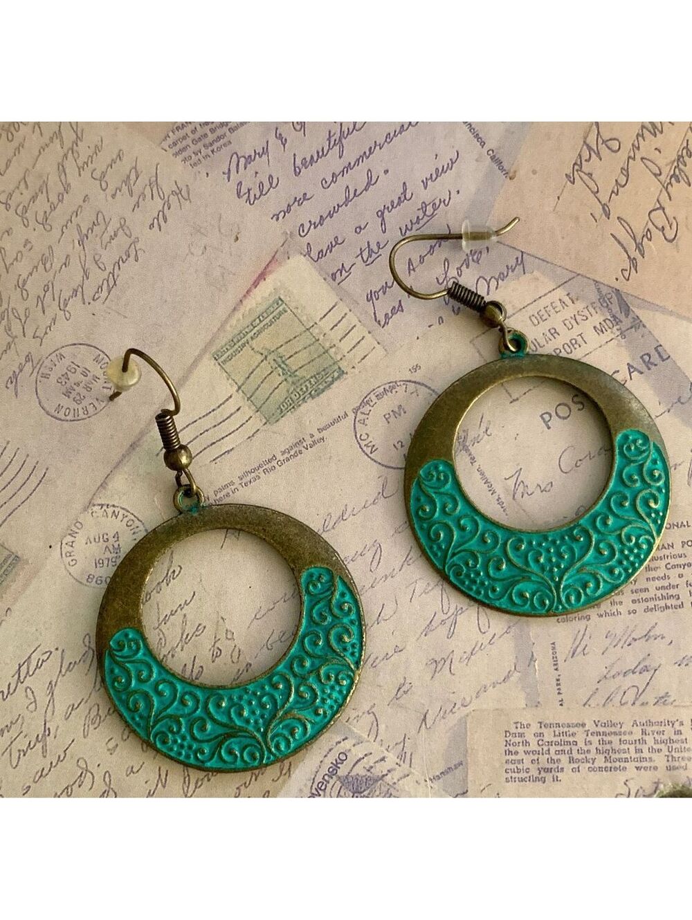 Vintage Boho Chic Turquoise Patterned Hoop Earrings for Everyday Style